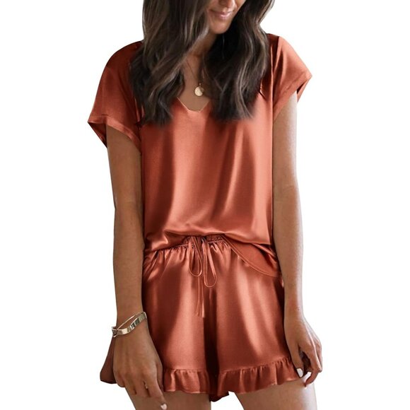 Women Short Sleeve Silk Sleepwear Two Piece Pj Sets with Ruffled Short